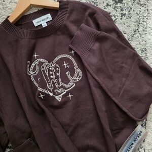 Western Horse Shoe Cowgirl Emboridered Sweater Womns L Brown Urban Weekend